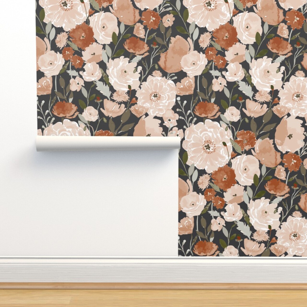 Flower Black Floral Summer Large Watercolor Florals Garden Jumbo Custom Removable Wallpaper by Spoonflower Peel & Stick Wallpaper 2FT Wide
